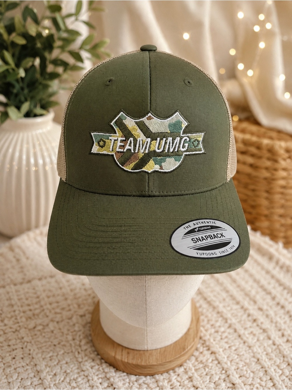 Team UMG Yupoong Snapback Trucker Hat Olive Green Tan Mesh Adjustable Cap